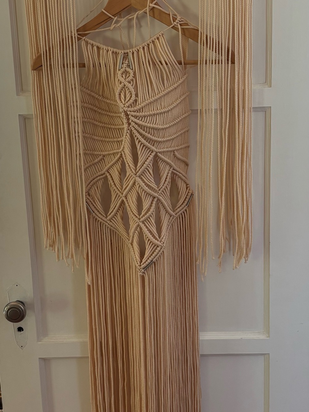 Backless Macramé Fringe Dress in Cream + Shawl over the shoulders